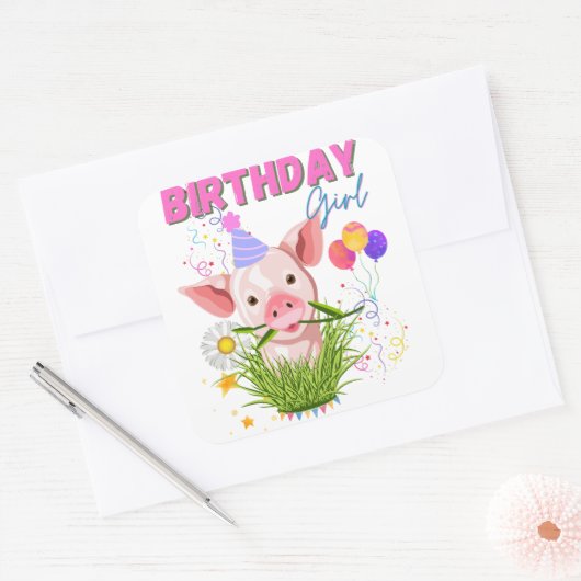 豚ピギー誕生日ピンクガールアニマル愛好家 スクエアシール (封筒)