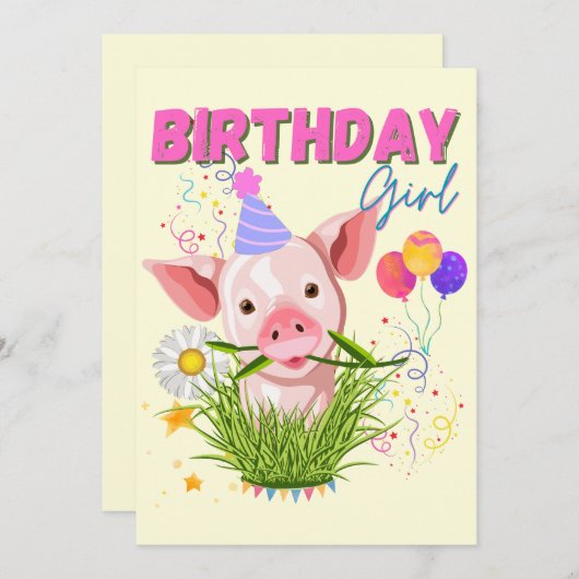 豚ピギー誕生日ピンクガールアニマル愛好家 招待状 (正面/裏面)