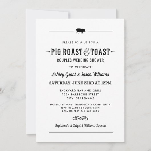豚ロースト&トーストブラックのカップル結婚のシャワー 招待状 (正面)