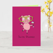 豚眼鏡-豚眼鏡&ワイングラスグリーティングカード カード (黄色い花)