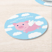 豚飛んでいるかわいい子の誕生日パーティー ラウンドペーパーコースター (アングル)