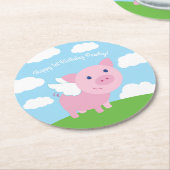 豚飛んでいるかわいい子の誕生日パーティー ラウンドペーパーコースター (アングル)