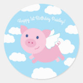 豚飛んでいるかわいい1歳の誕生日ありがとう ラウンドシール (正面)