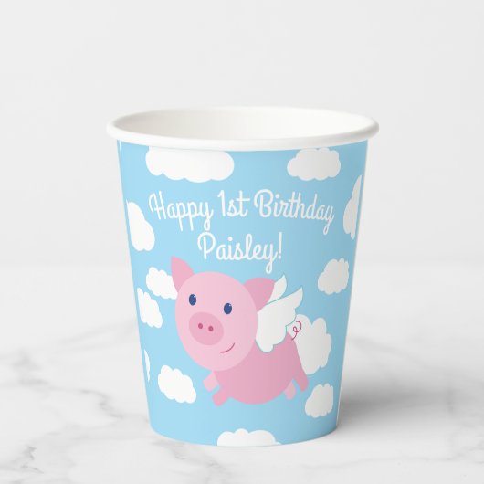 豚飛んでいるかわいい1歳の誕生日パーティーキッズ 紙コップ (裏面)