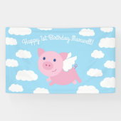 豚飛んでいるかわいい1歳の誕生日パーティーバナーデコール 横断幕 (横)