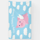 豚飛んでいるかわいい1歳の誕生日パーティーバナーデコール 横断幕 (縦)
