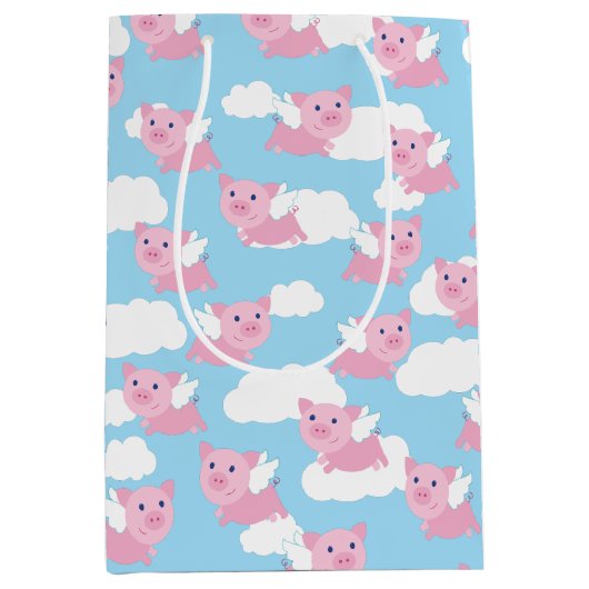 豚飛んでいるかわいい1歳の誕生日抱き枕 ミディアムペーパーバッグ (正面)