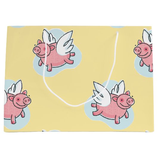 豚飛んでいる新生児イエローL抱き枕 ラージペーパーバッグ (正面)