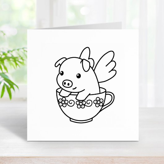 豚飛んでいる – ティーカップに翼を持つ子豚 ラバースタンプ