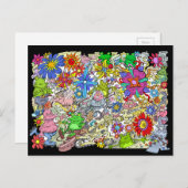 豚、花やカエルの漫画のイラストレーション。 シーズンポストカード (正面/裏面)