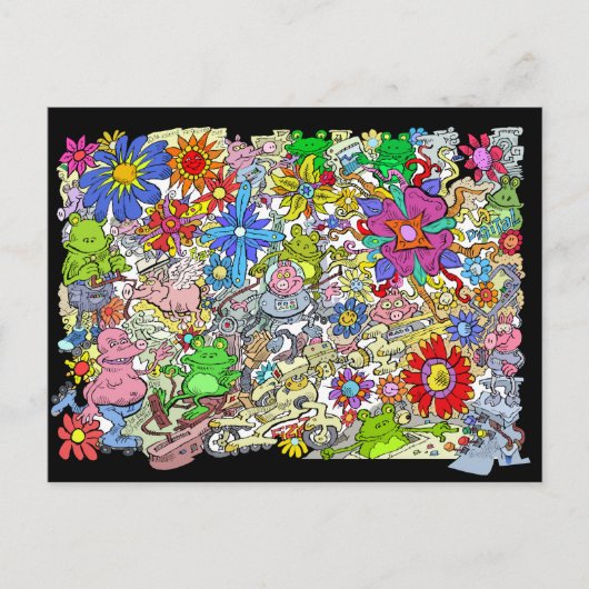 豚、花やカエルの漫画のイラストレーション。 シーズンポストカード (正面)