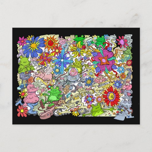 豚、花やカエルの漫画のイラストレーション。 ポストカード (正面)