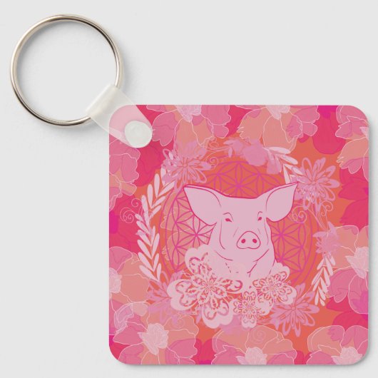 豚,花,生命,青,曼荼羅,禅,チャクラ,パット キーホルダー (正面)