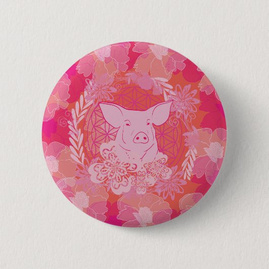 豚，花，生命，青，曼荼羅，禅，チャクラ，パット 缶バッジ (正面)
