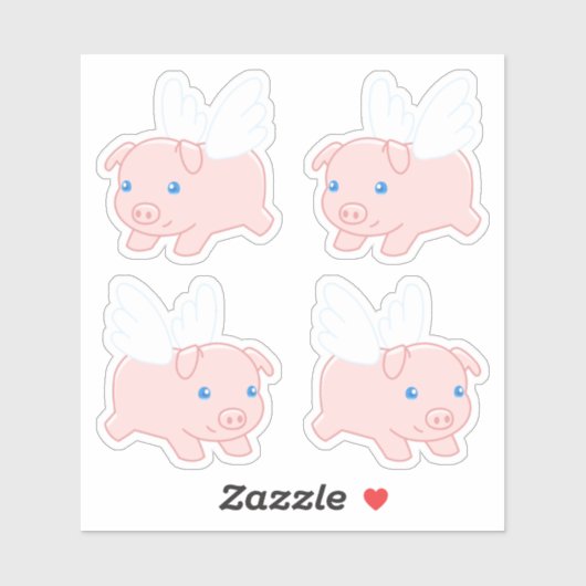豚 – 飛んでいるかわいい子豚と翼、4のセット シール (シート)