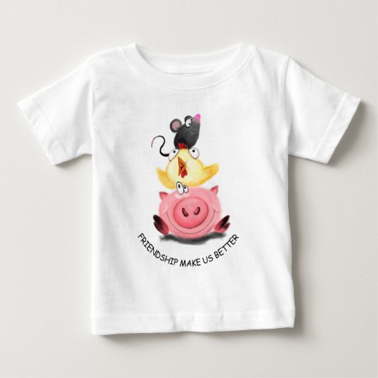 豚、鶏肉、マウスベビーTシャツ(文字付) ベビーTシャツ (正面)