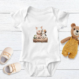豚、 frog、犬がログに乗って！かわいい赤ちゃん動物たち ベビーボディスーツ