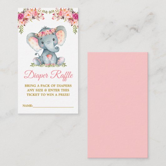 象おむつラッフルピンクフローラ赤ちゃんシャワー エンクロージャーカード (正面/裏面)