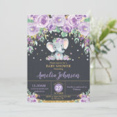 象かわいい紫のフローラ赤ちゃんシャワー赤ちゃん女の子 招待状 (スタンド正面)