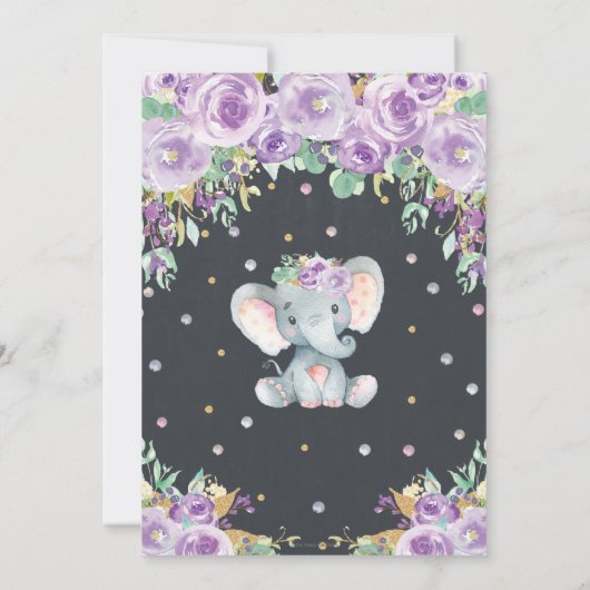 象かわいい紫のフローラ赤ちゃんシャワー赤ちゃん女の子 招待状 (裏面)