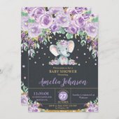 象かわいい紫のフローラ赤ちゃんシャワー赤ちゃん女の子 招待状 (正面/裏面)