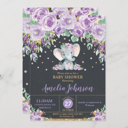 象かわいい紫のフローラ赤ちゃんシャワー赤ちゃん女の子 招待状 (正面/裏面)