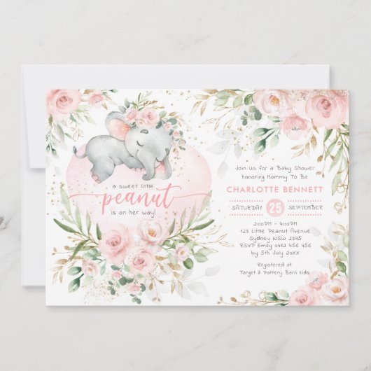 象かわいらし赤面ピンク金ゴールドフローラ赤ちゃんシャワー 招待状 (正面)