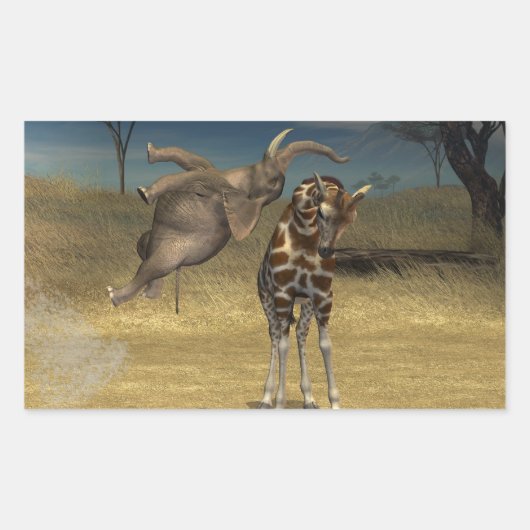 象がキリンを跳ぶ 長方形シール (正面)