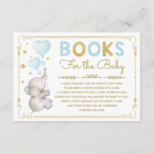 象がブックカードを持って来る青い金ゴールドキラキラ星 エンクロージャーカード (正面)