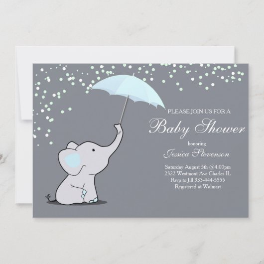 象が傘のベビーシャワーの招待状を持っている 招待状 (正面)