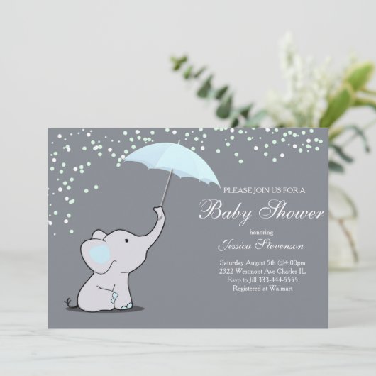 象が傘のベビーシャワーの招待状を持っている 招待状 (スタンド正面)