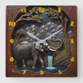 象が山の景色で水を飲む スクエア壁時計 (正面)