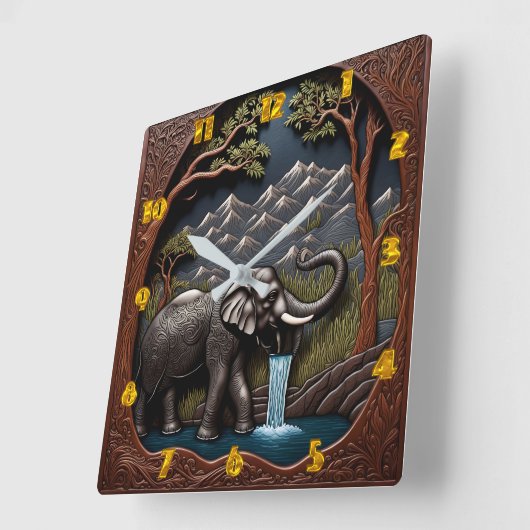 象が山の景色で水を飲む スクエア壁時計 (傾斜)