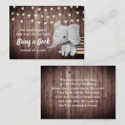 象が本を持って素朴来る赤ちゃんシャワーインサート エンクロージャーカード (正面/裏面)