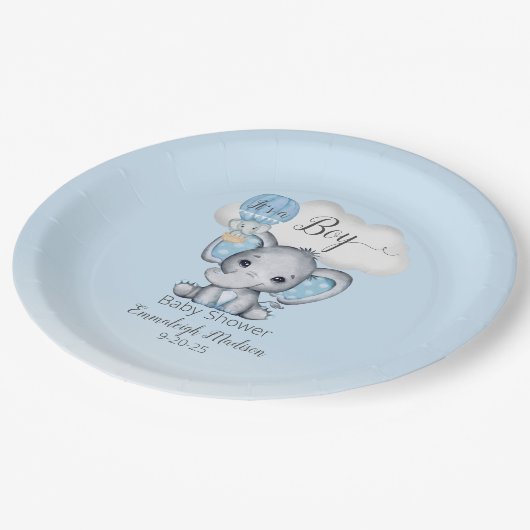 象さんのホットエアバルーン ベイビーボーイ シャワー ペーパープレート (アングル)