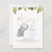 象とジャングルの緑の金ゴールドオ男の子ベビーシャワー 招待状 (正面)