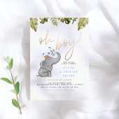 象とジャングルの緑の金ゴールドオ男の子ベビーシャワー 招待状