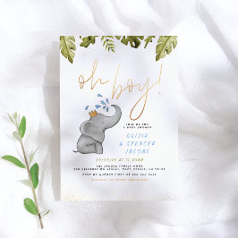 象とジャングルの緑の金ゴールドオ男の子ベビーシャワー 招待状