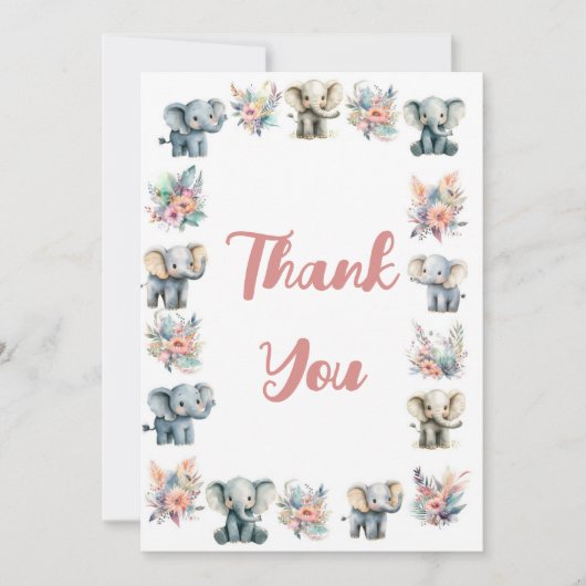 象とボーホージャングルの花の感謝カード 招待状 (正面)