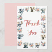 象とボーホージャングルの花の感謝カード 招待状 (正面/裏面)