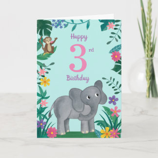象と友人の3歳の誕生日カード カード