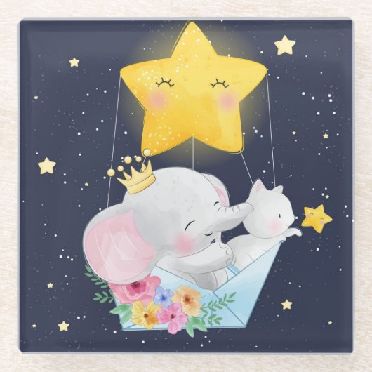 象と子猫 ガラスコースター (正面)