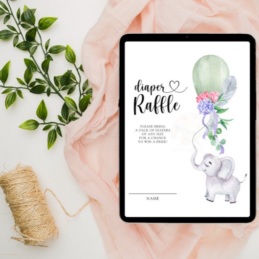 象と緑のバルーンおむつラッフル エンクロージャーカード