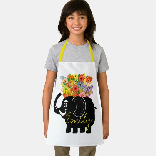 象と花のパーソナライズされた子供のエプロン エプロン (インサイチュ)
