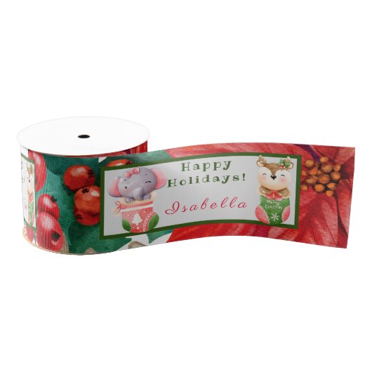 象と鹿のカスタマイズ文字と名 グログランリボン (リール)