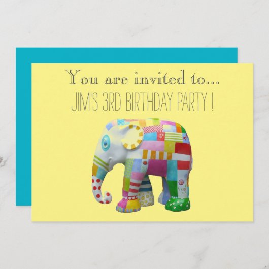 象のおもちゃ乳児または幼児の誕生日パーティー 招待状 (正面/裏面)