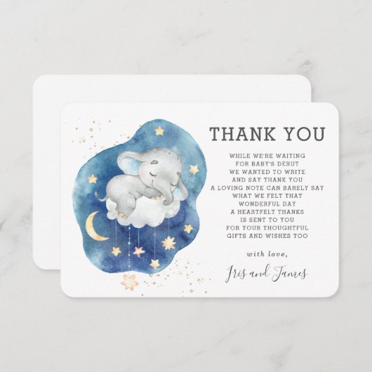 象のお洒落きらめく小さな星の赤ちゃんシャワー サンキューカード (正面/裏面)