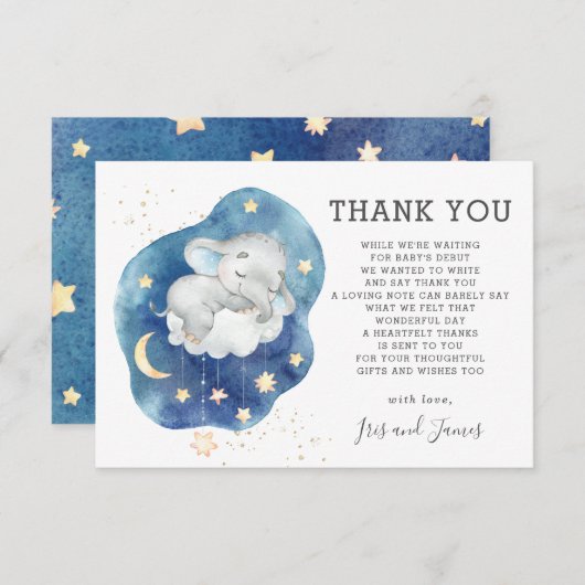 象のお洒落きらめく小さな星の赤ちゃんシャワー サンキューカード (正面/裏面)