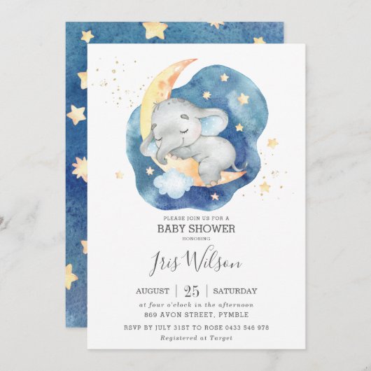 象のお洒落キラキラ星の赤ちゃんシャワーボーイ 招待状 (正面/裏面)