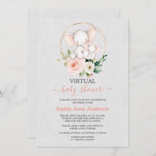 象のエレガント仮想ベビーシャワー（郵便） 招待状 (正面/裏面)